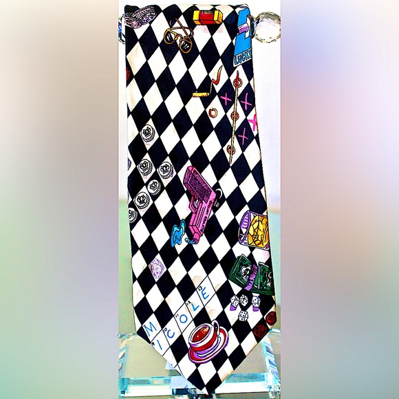 NICOLE MILLER MENS TIE 1991 VINTAGE "CROSSWORD PUZZLE" SILK WHIMSICAL - Picture 4 of 8